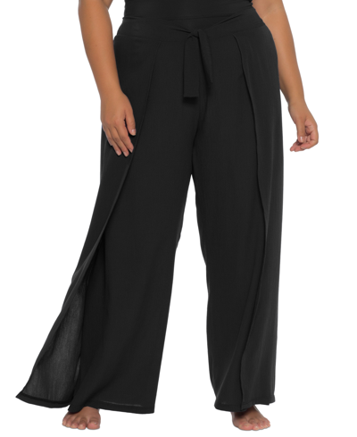 Becca Etc Plus Size Modern Muse Tie-waist Cover-up Pants Women's Swimsuit In Black
