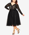 City Chic Rare Beauty Lace Bodice Long Sleeve Dress In Black