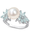 Macy's Cultured Freshwater Pearl (9mm), Sapphire (1-5/8 Ct. T.w.) & Diamond (1/8 Ct. T.w.) In 14k White Gol In Aquamarine