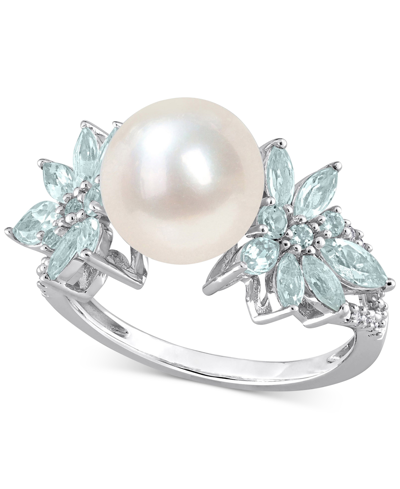 Macy's Cultured Freshwater Pearl (9mm), Sapphire (1-5/8 Ct. T.w.) & Diamond (1/8 Ct. T.w.) In 14k White Gol In Aquamarine
