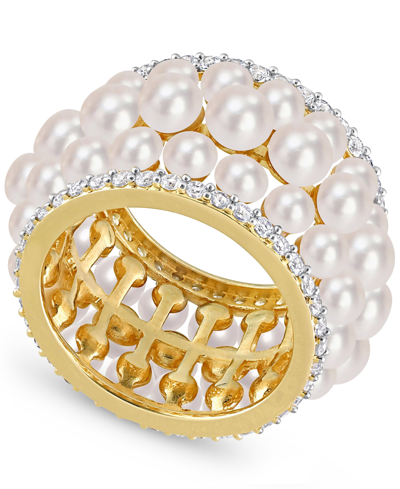 Macy's Cultured Freshwater Pearl (3 - 4-1/2mm) & Lab-created White Sapphire (1-3/5 Ct. T.w.) Multirow State In Gold Over Silver