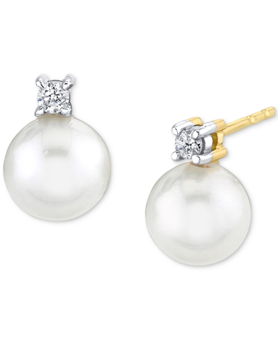 Macy's Cultured Freshwater Pearl (6mm) & Diamond Accent Stud Earrings In 14k Gold In Yellow Gold