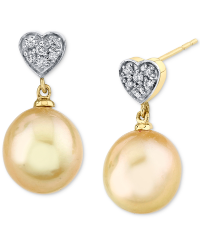 Macy's Cultured Golden South Sea Pearl (9mm) & Diamond Heart (1/10 Ct. T.w.) Drop Earrings In 14k Gold In Yellow Gold
