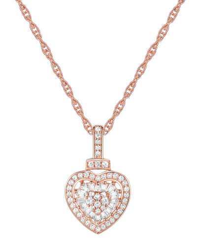 Macy's Diamond Round & Baguette Heart 18" Pendant Necklace (1/4 Ct. T.w.) In Sterling Silver, 14k Gold-plat In Rose Gold-plated Sterling Silver