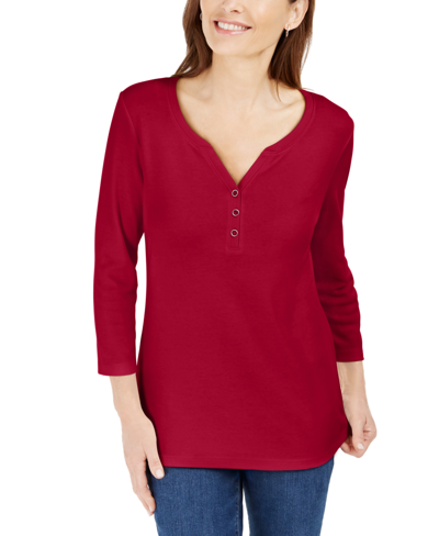 Karen Scott Petite Cotton 3/4-sleeve Henley Top, Created For Macy's In New Red Amore