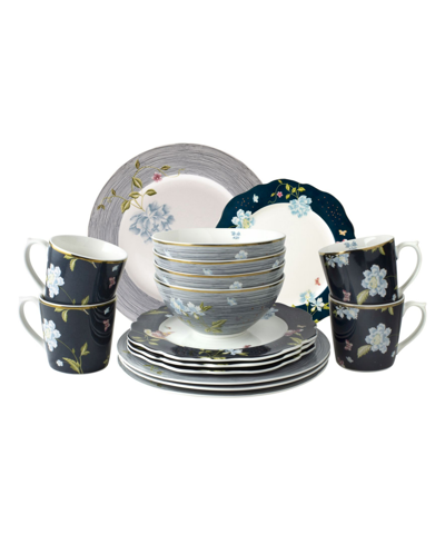 Laura Ashley Closeout!  Heritage Collectables Dinner Set In Gift Box, 16 Pieces In White With Blue And Dark Blue