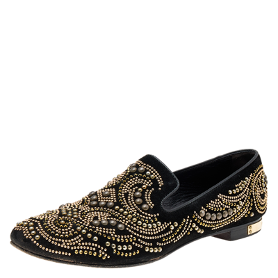 Pre-owned Philipp Plein Black Suede Embellished Smoking Loafers Size 37
