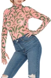 Afrm Zadie Power Mesh Long Sleeve Shirt In Blush Damask