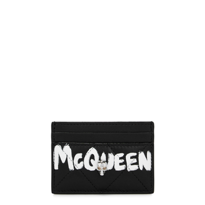 Alexander Mcqueen Babies' Black Logo Leather Card Holder In Black And White