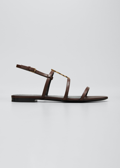 Saint Laurent Cassandra Calfskin Ysl Slingback Sandals In Chocolate Brown