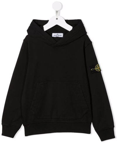 Stone Island Junior Kids' Compass-patch Pullover Hoodie In Black