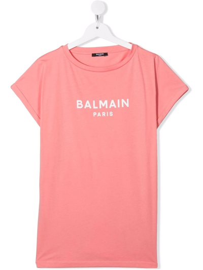 Balmain Teen Logo-print Cotton T-shirt In Pesca