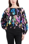 Chaus Off The Shoulder Puff Sleeve Top In Navy Multi