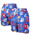 WES & WILLY MEN'S WES & WILLY ROYAL KANSAS JAYHAWKS FLORAL VOLLEY LOGO SWIM TRUNKS