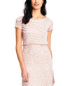 Adrianna Papell Beaded Short-sleeve Blouson Gown In Blush/gold