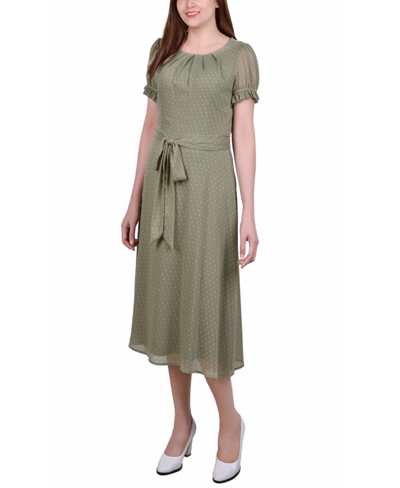 Ny Collection Plus Size Short Sleeve Belted Swiss Dot Dress In Oil Green Rectangle