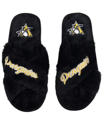 Foco Women's  Pittsburgh Penguins Script Cross Slide Slippers In Black