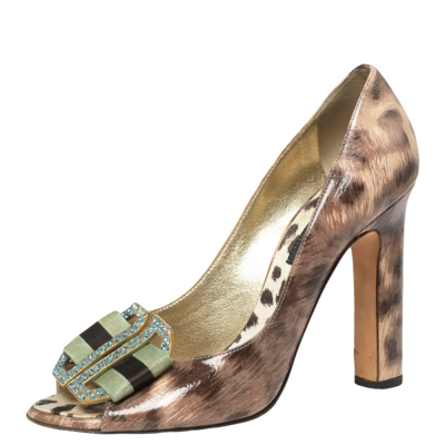 Pre-owned Roberto Cavalli Brown/beige Leopard Print Patent Leather Embellished Buckle Detail Peep-toe Pumps Size 37.5