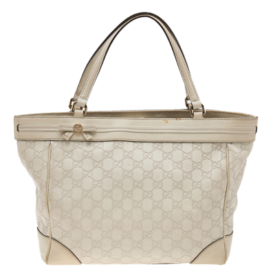Pre-owned Gucci Ssima Leather Medium Mayfair Bow Tote In Beige