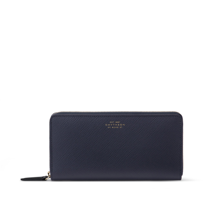 Smythson Large Zip Around Purse In Panama In Navy