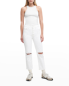 7 For All Mankind High Rise Ripped Cropped Straight Jeans In Royce Blanc In Royce Blanc
