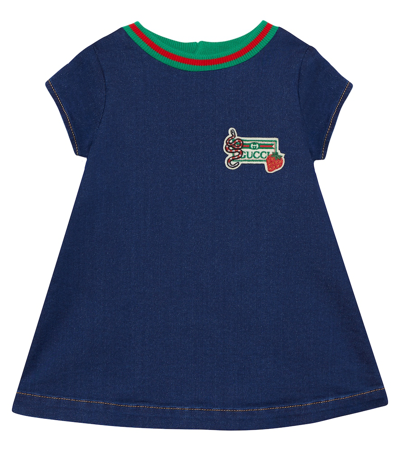 Gucci Babies' Strawberry Logo-embroidered Cotton-blend Dress 6-36 Months In Blue