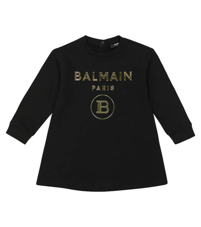 Balmain Baby Logo Cotton Dress In Nero