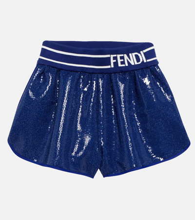 Fendi Kids' Logo-waistband Sequin-embellished Shorts In Blue