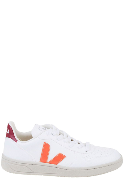 Veja V-10 Colorblock Leather Low-top Sneakers In White