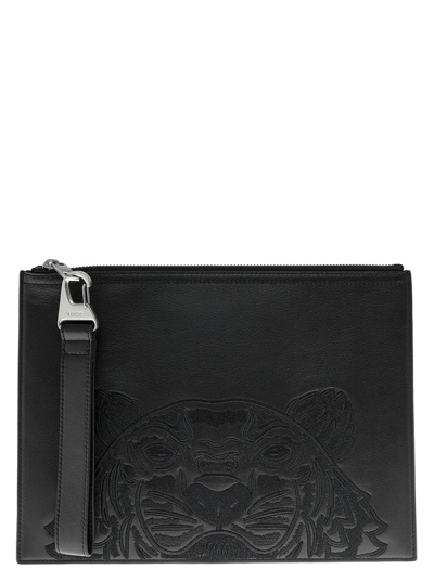 Kenzo Tiger Embroidered Zipped Clutch In Black