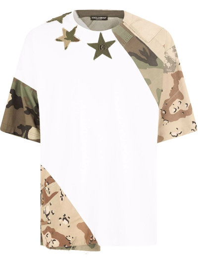 Dolce & Gabbana White Camouflage-panelled Cotton-blend T-shirt In Multi-colored