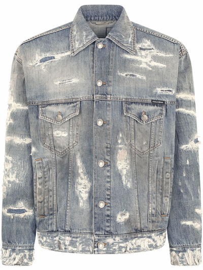 Dolce & Gabbana Blue Wash Denim Jacket With Rips In Multicolor