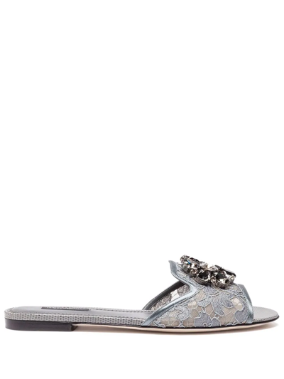 Dolce & Gabbana Crystal-flower Lace Slides In Grey