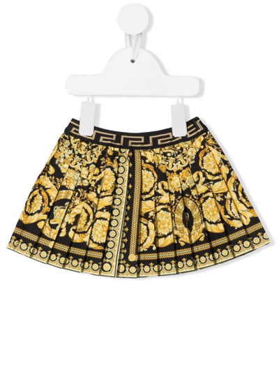 Versace Kids Baroque-print Pleated Satin Skirt (4-6 Years) In Black