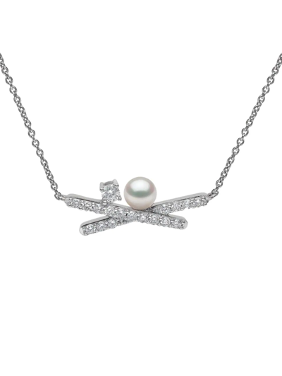 Yoko London Women's Sleek 18k White Gold, Diamond, & 4.5-5mm Cultured Akoya Pearl Crisscross Pendant Necklace
