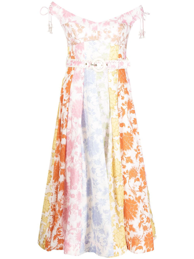 Zimmermann Panelled Floral-print Linen-poplin Midi Dress In White,pink,yellow