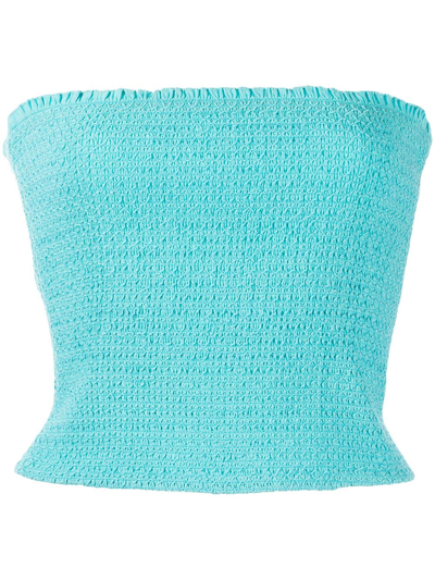 Alice And Olivia Penelope Smocked Strapless Crop Top In Blue