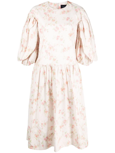 Simone Rocha Floral-print Puff-sleeve Midi Dress In Neutrals