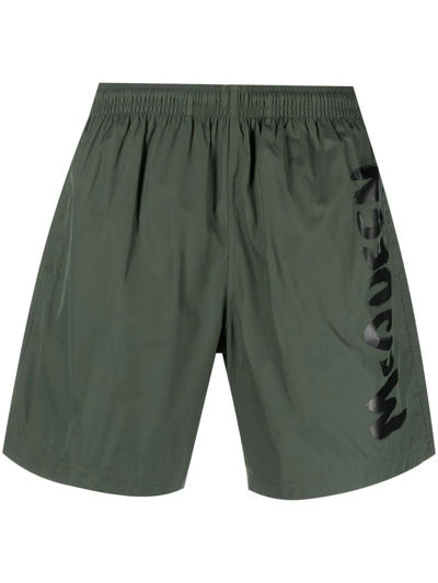 Alexander Mcqueen Khaki Graffiti Logo Swim Shorts In Green