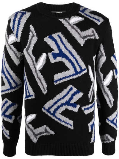 Fendi Logo-jacquard Crew Neck Sweater In Black