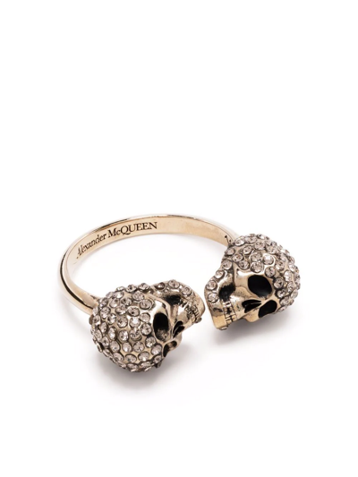 Alexander Mcqueen Embellished Twin Skull Ring In Gold | ModeSens