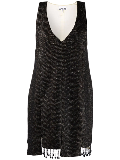 Ganni Beaded Step-hem Shift Dress In Black
