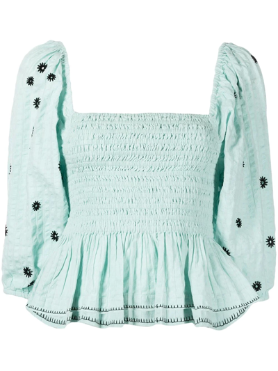 Tanya Taylor Emma Smocked Top In Green