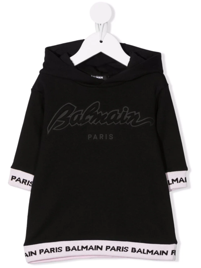 Balmain Babies' Logo-print Hooded Dress In Nero