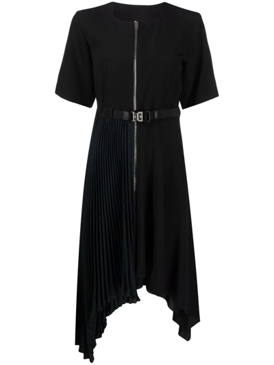 Givenchy Belted Bicolor Plisse Skirt Midi Dress In Black