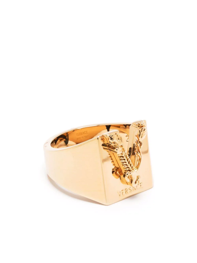 Versace Embossed V-logo Ring In Gold