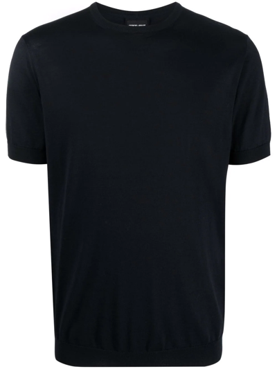 Giorgio Armani Ribbed-knit Short-sleeved T-shirt In Blue