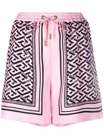 Versace Silk Bermuda Shorts With Monogram Foulard Print In Pink/black