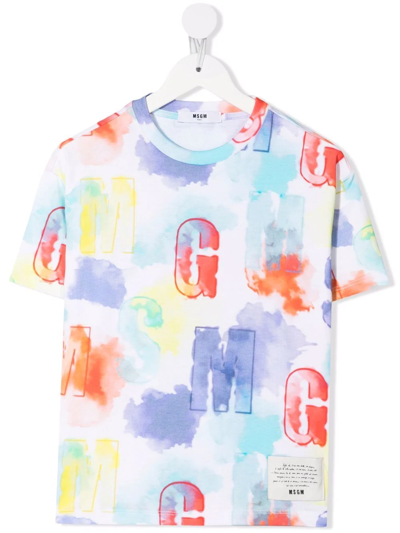 Msgm Kids' Logo-print Cotton T-shirt In White