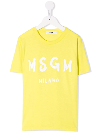 Msgm Kids' Yellow Girl T-shirt With Logo On The Front, Round Neckline, Short Sleeves And Straight Hem By . In Lime